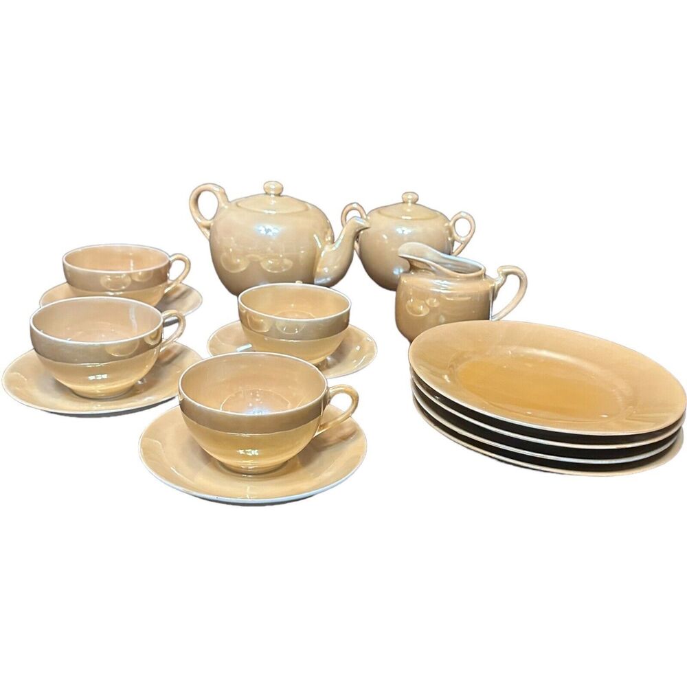 VTG Japan Lusterware Orange Tea Set 4 Cups, Saucer Dessert Plate Pot Sugar Cream